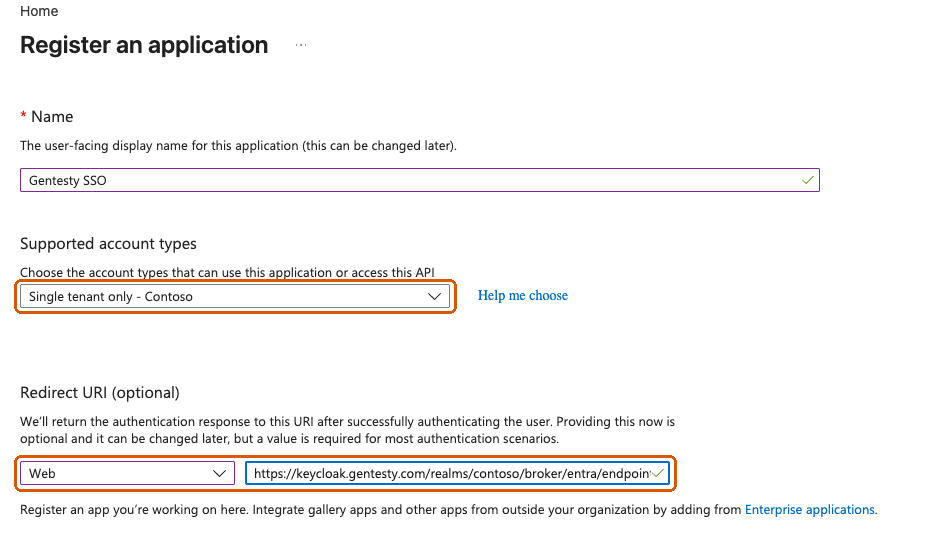 Register an application form with single tenant and a Web redirect URI highlighted
