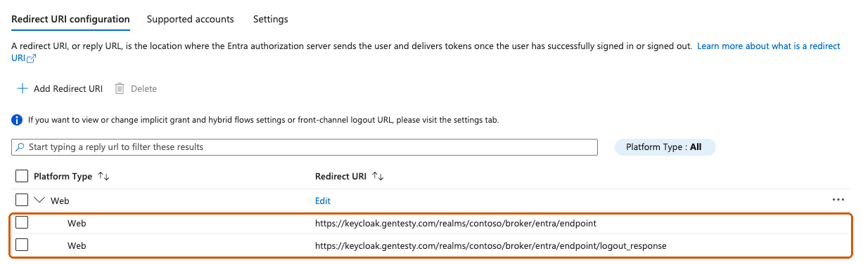 Authentication page listing both Web redirect URIs