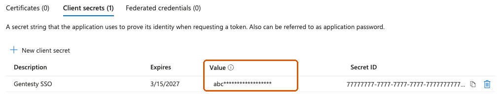 Client secrets list with the Value column highlighted