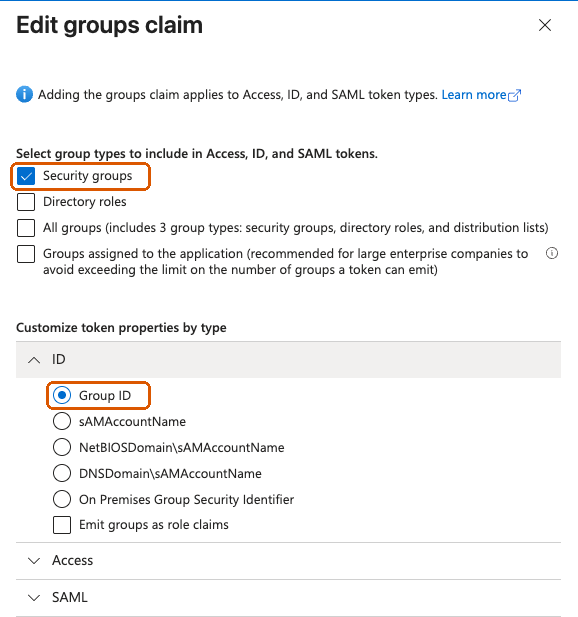 Groups claim panel with Security groups and Group ID selected
