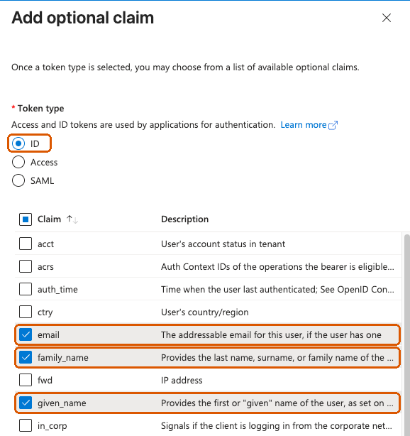 Add optional claim panel with ID token type and email, family_name and given_name ticked