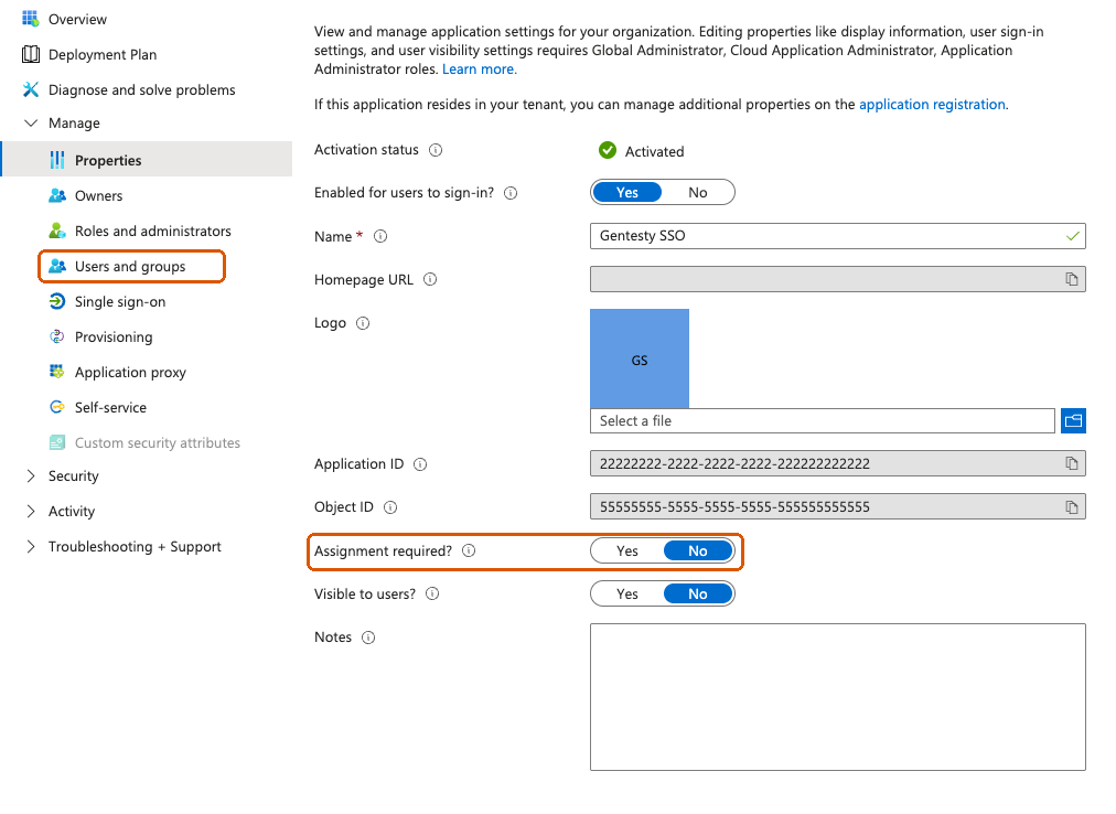 Enterprise application properties with Assignment required and the Users and groups menu highlighted