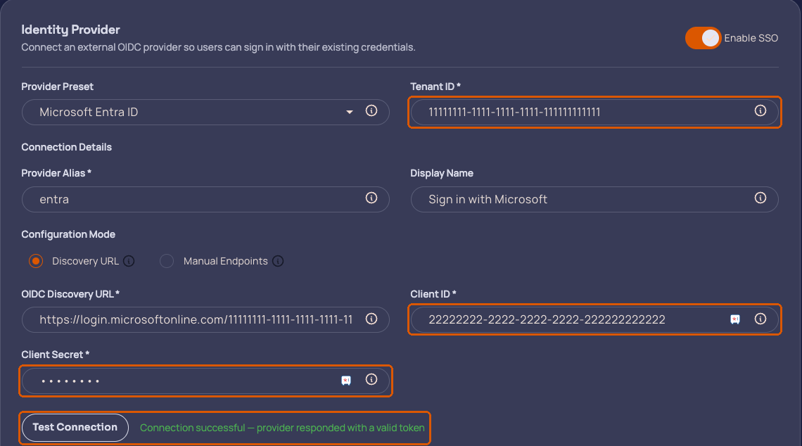 gentesty identity provider card with Tenant ID, Client ID, Client Secret and a successful connection test highlighted