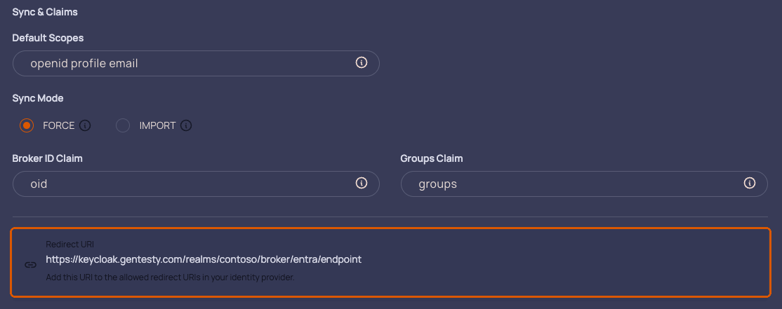 gentesty Sync and Claims fields with the Redirect URI highlighted
