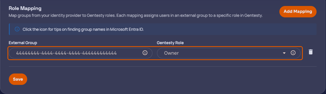 Role mapping row with a group Object ID mapped to the Owner role
